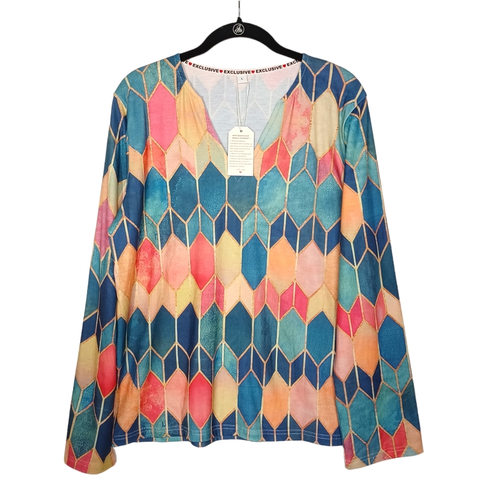 EXCLUSIVE Colorful Blue Pink Green Gold Geometric Print Stretchy Top Large NWT